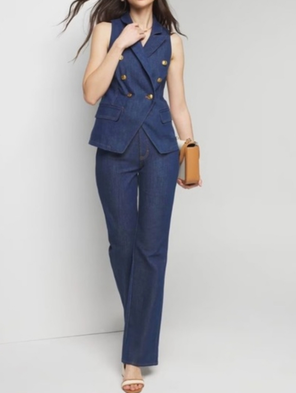 White House Black Market Dark Blue Denim Sleeveless Vest with Gold Buttons - Picture 4 of 11